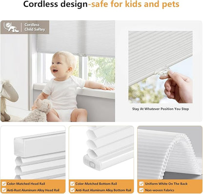LazBlinds Cordless Cellular Shades, Light Filtering Honeycomb Shades for Home, Thermal Insulation Noise Reduction Blinds for Windows, 37'' W x 48'' H, White