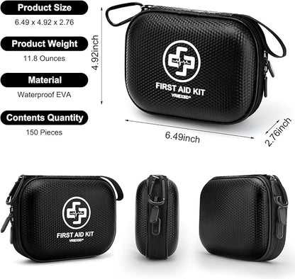 Mini First Aid Kit - 150 Piece Small Waterproof Hard Shell Medical Kit for Home, Car, Travel, Camping, Truck, Hiking, Sports, Office, Vehicle & Outdoor Emergencies (Black)
