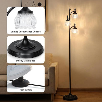 JUNNAI Black Standing Lamps for Living Room 66.5in Floor Lamps with Glass Shade 3 Way Brightness Lights Dimmable Modern Corner Lamp for Bedroom Office(3LED Bulbs Included)