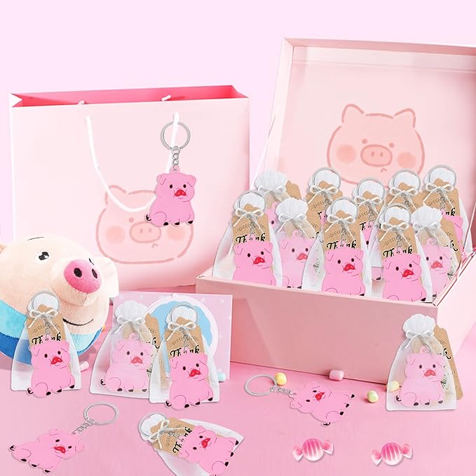 CiciBear 60 Pack Party Decorations for Guests, 20 Pink Pig Keychains, 20 Tags and 20 Gift Bags for Animal Lover, Kids Birthday, Baby Shower, First Birthday