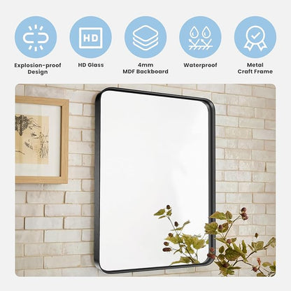 NEWBULIG 24X36 Inch Bathroom Wall Mirror, Vanity Bathroom Mirrors for Over Sink Tempered Glass, Anti-Rust Metal Framed Rounded Rectangle, Hangs Horizontally or Vertically, Farmhouse Home Decor, Black