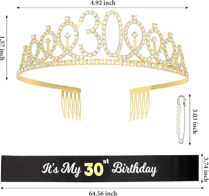 CAVETEE Gold Birthday Crown and Tiara for Women, Sash for Girls - Birthday Party Decoration