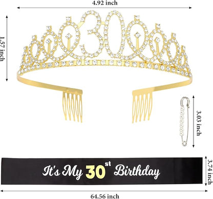 CAVETEE Gold Birthday Crown and Tiara for Women, Sash for Girls - Birthday Party Decoration