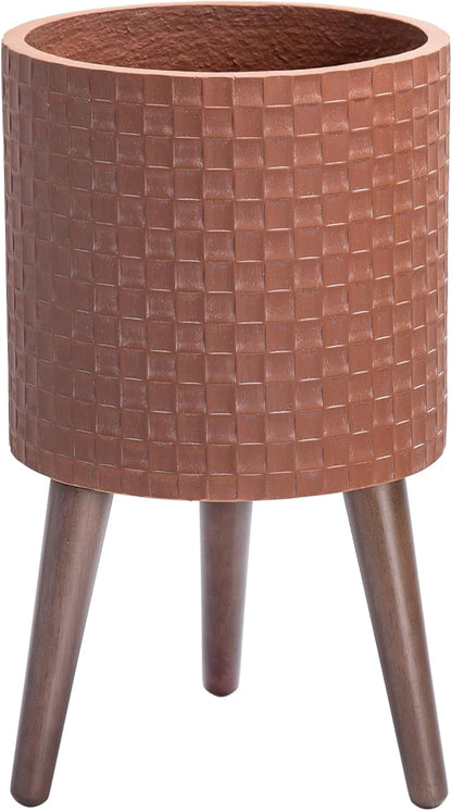D'vine Dev 10 Inch Modern Geometric Tile Patterned Sleek Planter Pot with Stand, Indoor Outdoor Decorative Plant Holder, Terra Cotta, 88-Z-B-3