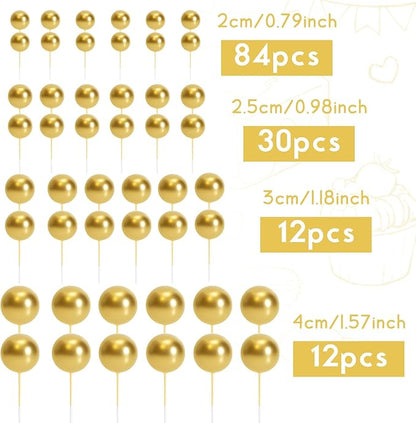 138 Pcs Gold Balls Cake Topper Decorations Balloon Cupcake Toppers Foam Multisize Cake Topper Balls for Graduation Birthday Party Wedding Anniversary