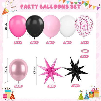 Pink and Black Balloons, 12 Inch Hot Pink and Black Party Decorations with Confetti Metalic Balloon Star Foil Balloons for Mouse Theme Birthday Wedding Bridal Shower Party Decoration