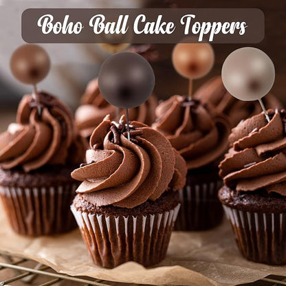 115 PCS Ball Cake Toppers - Mini Balloon Cake Decorations Foam Ball Cupcake Picks DIY cake Insert Toppers for Birthday Party Wedding Baby Shower - Brown Theme