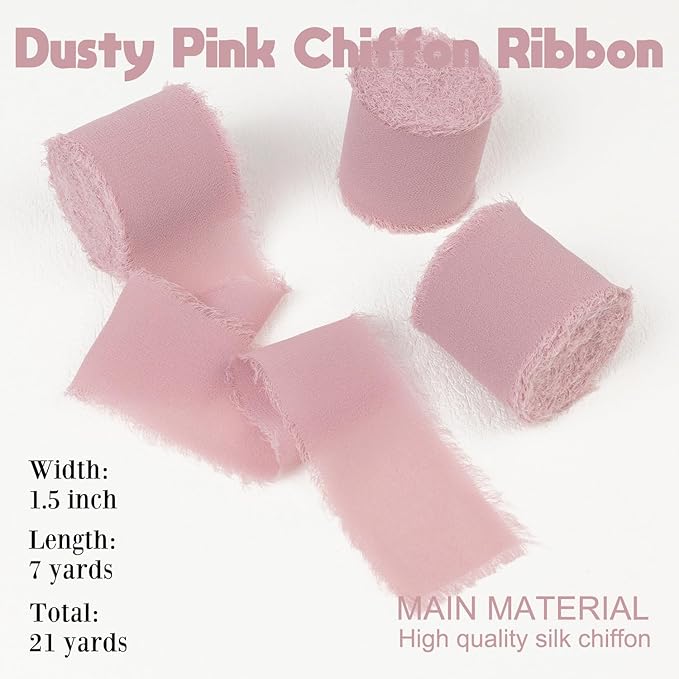 Dusty Rose Chiffon Ribbon 1-1/2 Inch x 21Yards Boho Frayed Mauve Ribbon Handmade Fringe Chiffon Silk Ribbon Dusty Pink Ribbon for Gift Wrapping, Wedding Invitation, Bridal Flower Bouquets