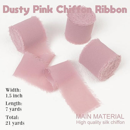 Dusty Rose Chiffon Ribbon 1-1/2 Inch x 21Yards Boho Frayed Mauve Ribbon Handmade Fringe Chiffon Silk Ribbon Dusty Pink Ribbon for Gift Wrapping, Wedding Invitation, Bridal Flower Bouquets