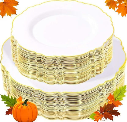 WDF 100pcs Gold Plastic Plates - High-end Baroque Design - Heavy Duty White &Gold Wedding Plates Set Ideal for Thanksgiving Weddings/Party/Bridal Shower