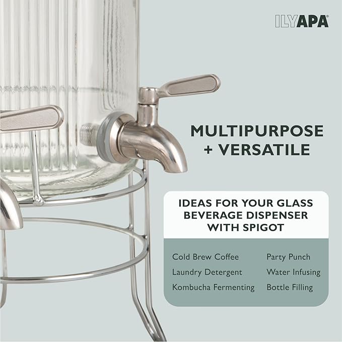 Ilyapa Glass Drink Dispensers for Parties with Stand - 2 Pack, 1.5 Gallon for Ice Water, Lemonade, Juice, Sangria, & Punch Tower Cookout Essentials
