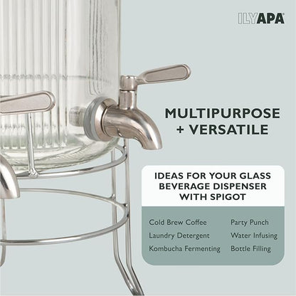 Ilyapa Glass Drink Dispensers for Parties with Stand - 2 Pack, 1.5 Gallon for Ice Water, Lemonade, Juice, Sangria, & Punch Tower Cookout Essentials