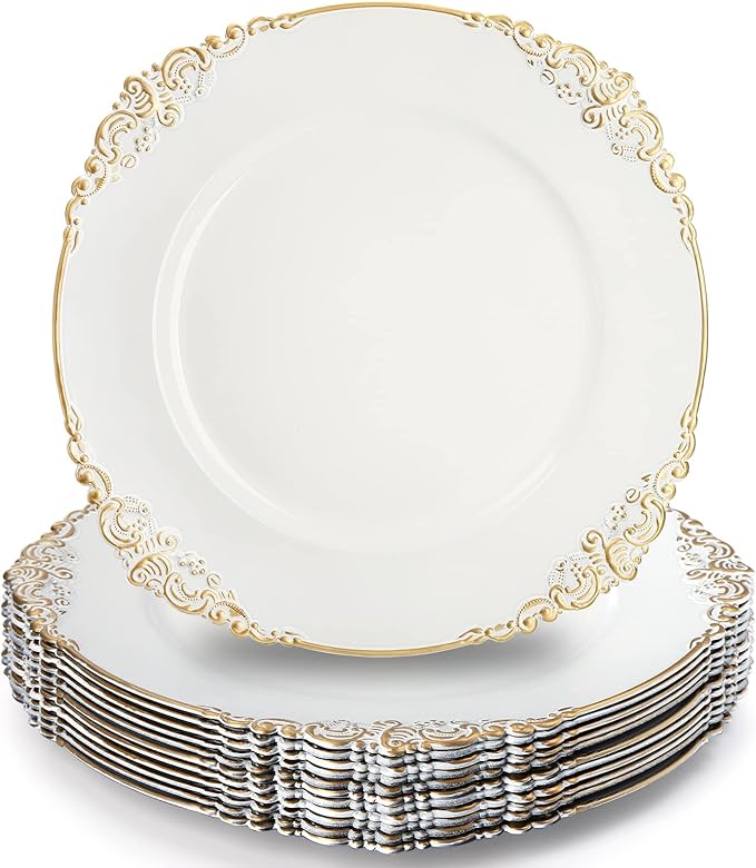 Okllen 12 Pack Plastic Round Charger Plates, 13" Dinner Charger Dessert Plates with Gold Rim, Vintage Charger Serving Plates for Catering, Wedding, Tabletop Decor, White, Floral Trim