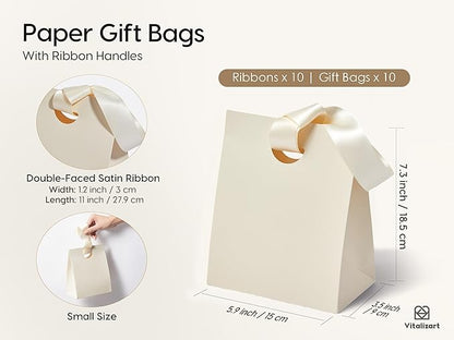 Vitalizart Paper Gift Bags With Ribbon Handles Set of 10 Cream White Bulk Reusable For Gift Wrap Girls Kids Birthday Bridal Shower Party Favors Goodie Bags Candy Christmas 5.91"x3.54"x7.28" Small Size