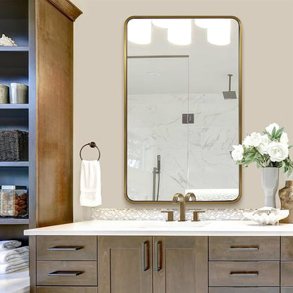 ANDY STAR Brushed Gold Bathroom Mirror 48”X30”, Brass Bathroom Vanity Mirror Rounded Rectangle, SUS304-Anti-Rust Metal Frame Mirror, Wall Mounted Horizontal/Vertical 1’’ Deep