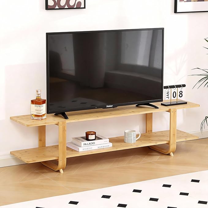 Tiita Bamboo TV Stand for 55 Inch TV, Entertainment Center with 2 Open Shelf, Mid Century Modern Media Console for Living Room, Bedroom, Wood