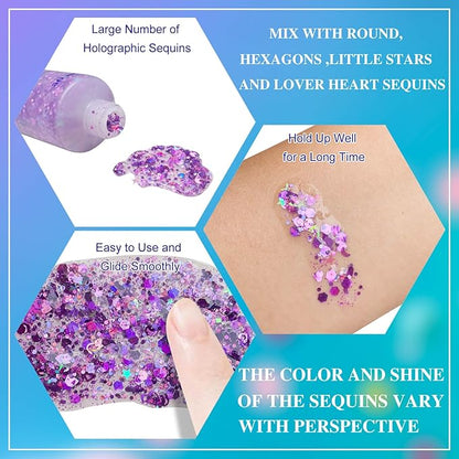 MEICOLY Purple Hair Glitter Kids Makeup,Holographic Halloween Sparkly Face Glitter,Self-Adhesive Mermaid Sequins Face Body Glitter,Chunky Glitter for Festival Rave Accessories Costume Outfits
