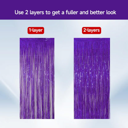 QRabbit 4 Pack Purple Tinsel Foil Fringe Curtains - 3.3x6.6 Ft Metallic Party Streamers Backdrop for Birthday Wedding Christmas Party Decor, Self-Adhesive Photo Booth Wall Door Decorations