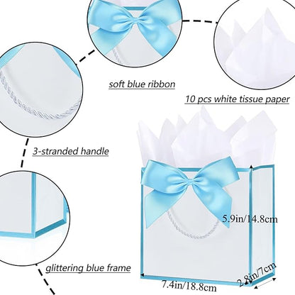 SHIPKEY 10 PCS Blue Gift Bags, 7.4"x2.8"x5.9" Small Welcome Bags, Luxury Shopping Bag with Ribbon Handle and Bows (18.8x7x14.8cm)
