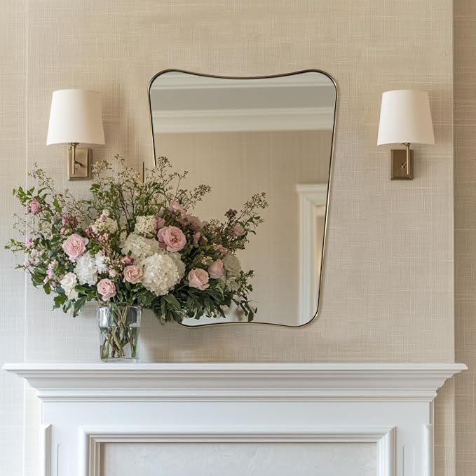 MIRRORART Brushed Gold Mirrors 22x30'', Irregular Brass Wall Mirror Butterfly Shaped in 1’’ Anti-Rust Seamless Stainless Steel Metal Frame for Bathroom, Over Sinks, Home Decor Wall-Mounted Vertical