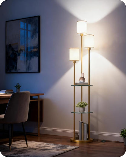 Floor Lamp with Shelves, Modern Floor Lamp with 3 Linen Shades and Foot Switch, 3-Light Standing Lamp, for Living Room, Bedroom, Study, Office, Gold and Beige ED53LD05