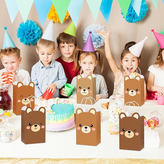 12Pcs Brown Bear Theme Party Favor Bags Bear Shaped Goodie Bags Candy Bag for Bears Birthday Party Decor Cute Bears Gift Treat Bag with Handle for Woodland Parties Kids Boys Girls Baby Shower Supplies