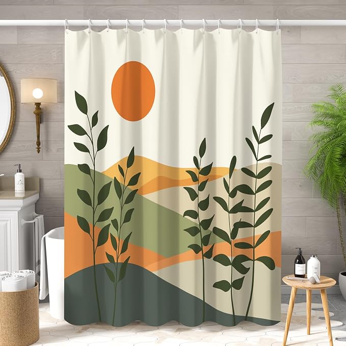 Boho Mid Century Shower Curtain for Bathroom Modern Abstract Sun Botanical Leaves Bath Curtain Neutral Minimalist Plant Waterproof Fabric Bathroom Decor Set with Hooks 60x72 inch
