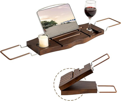 Teak Bathtub Tray Expandable Bathroom Tray for Home Spa Relaxation, Wooden Tray Caddy for Bathtub, Teak Bathtub Caddy as Unique Housewarming, Birthday, Wedding Shower Gifts. Dark Walnut