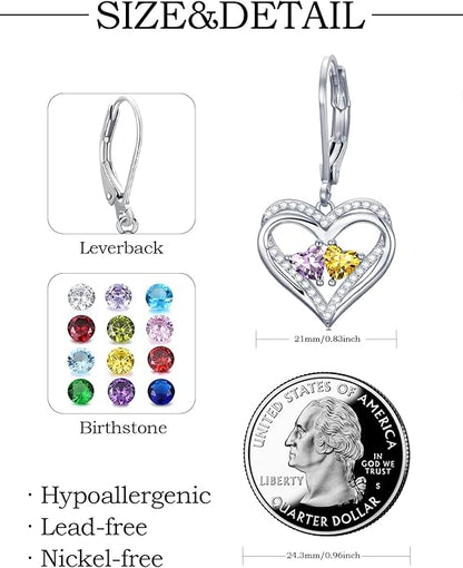 Valentines Day Gifts for Women, Heart Leverback Earrings Double Birthstone Dangle Earrings for Women, Love Jewelry for Her, Anniversary Birthday Gift for Mom Wife Girlfriend