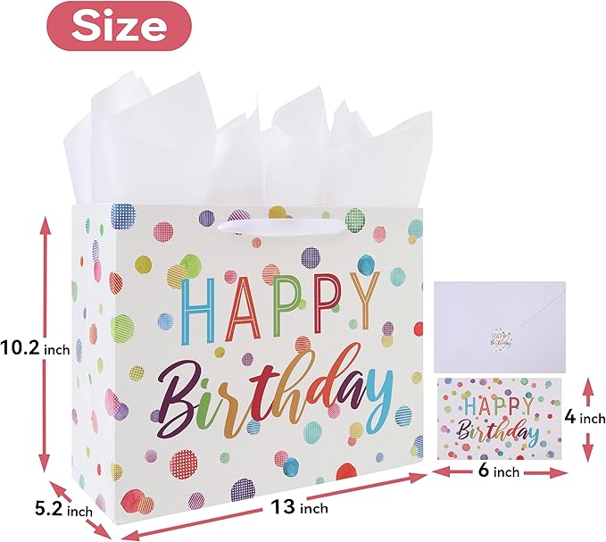 wishinside 13'' Large Birthday Gift Bag Set with Handles, Greeting Card, White Tissue Papers and Stickers for Women Girls Kids Teens for Birthday, Baby, Color Dots Design, 1 Pcs