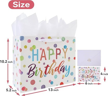 wishinside 13'' Large Birthday Gift Bag Set with Handles, Greeting Card, White Tissue Papers and Stickers for Women Girls Kids Teens for Birthday, Baby, Color Dots Design, 1 Pcs