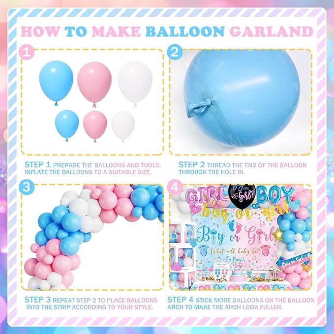 170 PCs Baby Boxes Gender Reveal Decorations, Hombae Boy or Girl Gender Reveal Decorations What Will Baby Be Backdrop Balloon Garland Banner Tablecloth Cake Cupcake Topper Cutout Poster Sash Pink Blue