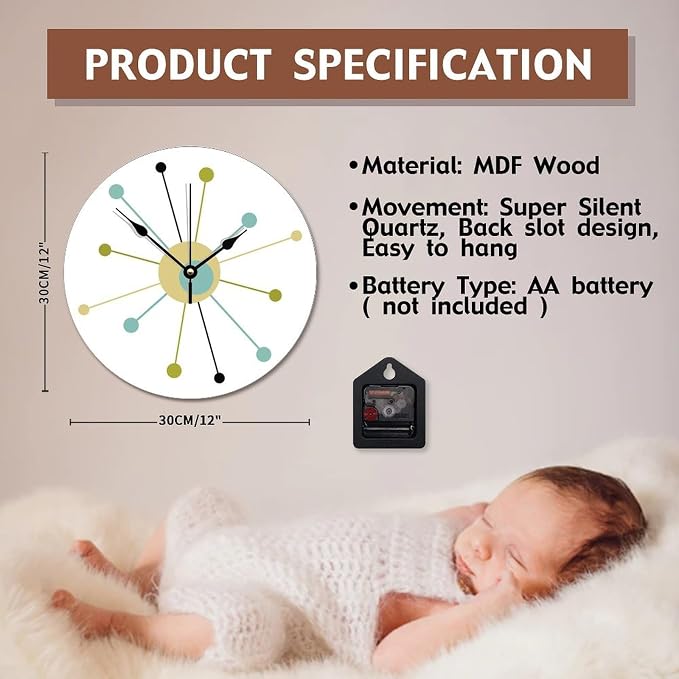ArogGeld Atomic Age Clock Mid Century 12 Inch Wall Clocks Battery Operated Silent Retirement Home Decor Wall Decor for Kitchen Bedroom Living Room Office
