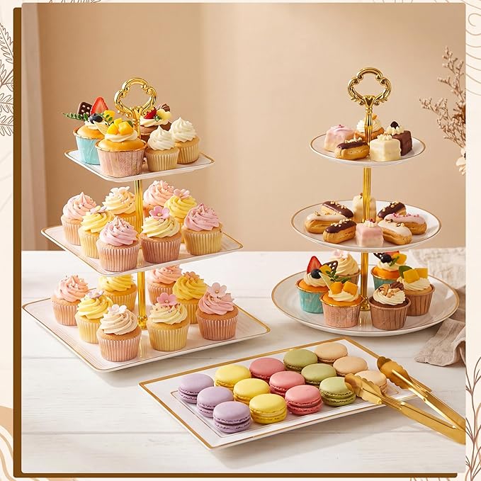 Willinglong 10 Pack Cake Stand Set Cake Stand with Gold Rim, 4 Three-tier Cupcake Stands, 4 Serving Trays, and 2 Tongs for Dessert Table Display, Elegant Plastic Pastry Tower for Weddings Showers