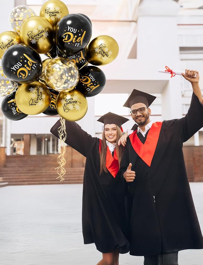 Graduation Balloons, Congrats Grad Balloons 12 Inch Black and Gold Balloon Class of 2026 Gold Confetti Latex Balloon for College High School Happy Graduation Party Decorations Supplies (18Pcs)