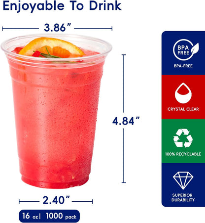 JOLLY CHEF 16 oz Clear Plastic Cups, 1000 Pack Disposable Plastic Cups, Party Drinking Cups Perfect for Water, Cold Coffee, Beer, Shakes, Smoothies, Juices, Beer, Iced Tea