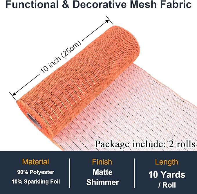 2 Pcs Orange Deco Mesh Ribbon Rolls 10 Inch 10 Yards(30 ft) Decorative Mesh Fabric with Foil for Wreaths Christmas Tree Ribbon Door DIY Craft Halloween Decor Wedding Party Supplies (Orange, 2Pcs)