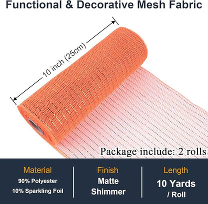 2 Pcs Orange Deco Mesh Ribbon Rolls 10 Inch 10 Yards(30 ft) Decorative Mesh Fabric with Foil for Wreaths Christmas Tree Ribbon Door DIY Craft Halloween Decor Wedding Party Supplies (Orange, 2Pcs)