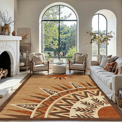 5x7 Bohemian Sun Totem Area Rug - Non-Slip Washable Low Pile, Warm Sand Brown with Deep Rust & Cream Pattern Carpet for Bedroom, Living Room, Dining Area, Home Office
