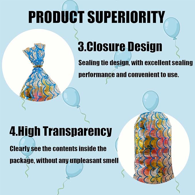 EatnMgan 200Pcs Cellophane Treat Bags,10.8 x 4.9Inch Plastic Candy Bags,Cellophane Bags,Goodie Candy with 220Pcs Twist Ties for Valentine, Birthday, Gift Cookie Snack Packing Party Favor Supplies (Blue)