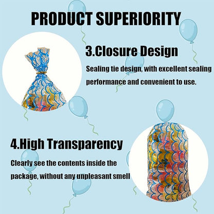 EatnMgan 200Pcs Cellophane Treat Bags,10.8 x 4.9Inch Plastic Candy Bags,Cellophane Bags,Goodie Candy with 220Pcs Twist Ties for Valentine, Birthday, Gift Cookie Snack Packing Party Favor Supplies (Blue)