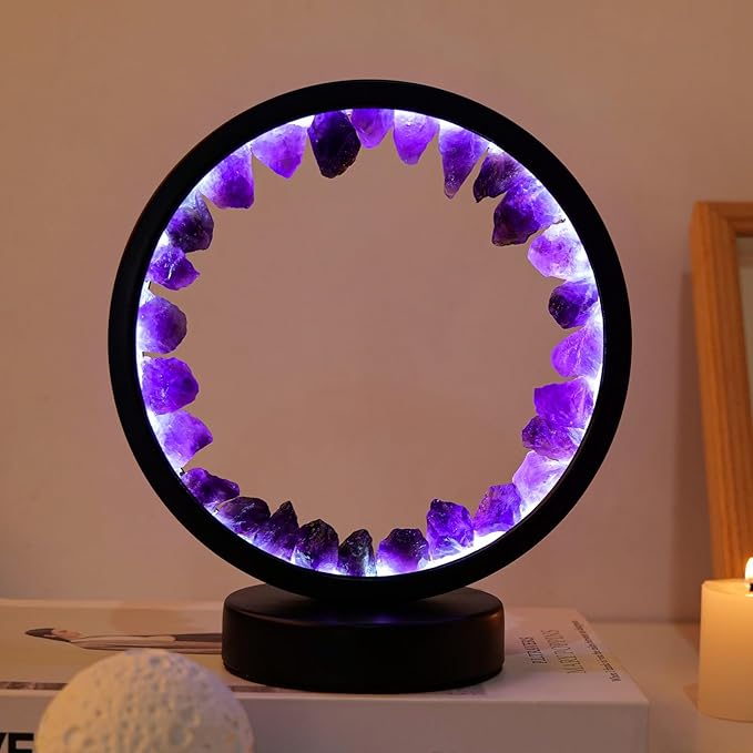 Runyangshi Amethyst Night Lamp 8.6" Natural Healing Crystal Bedside Lamp USB Port 3 Colours Dimming Mode Bedroom Lamp Suitable Night Light for Living Room Bedroom Office Home Decor Ideal Gift