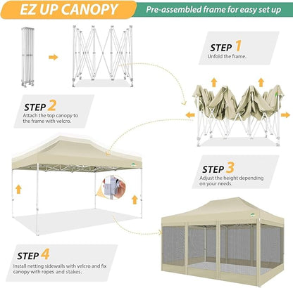 COBIZI 10x15 Heavy Duty Pop up Canopy with 4 Sidewalls, Canopy Tent with Mosquito Netting, Easy up Screen Party Tents for Parties Wedding Patio Backyard Commercial Gazebo with Handbag, Khaki