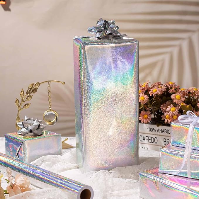 Burymento Silver Wrapping Paper Roll, Metallic Holographic Point Gift Wrap for Birthday, Valentines, Mothers day, Graduation, Wedding, Fathers day, Baby Shower, Christmas (17 IN x 32.8 FT)
