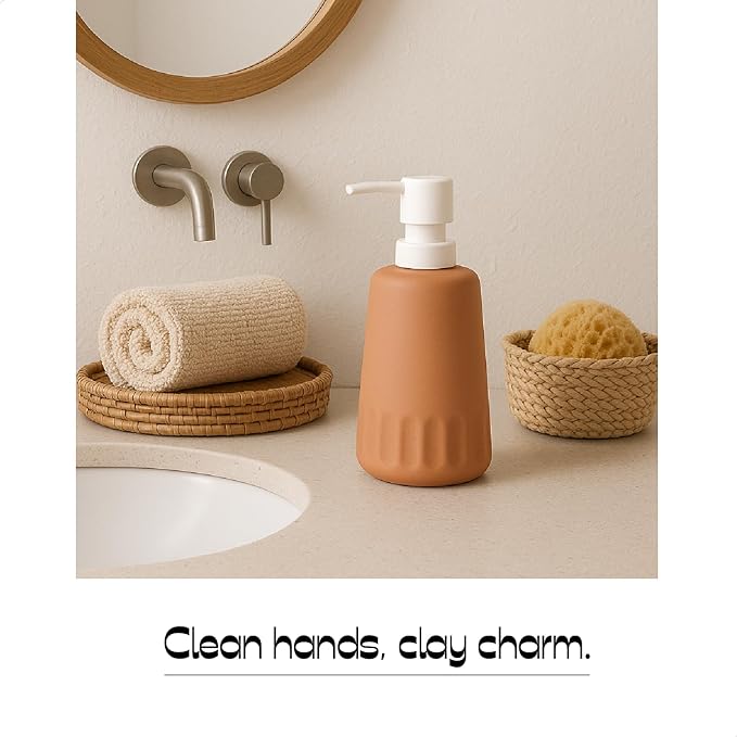 Boho Terracotta and White Ceramic Soap Dispenser, 11 oz Decorative Refillable Hand or Dish Soap Pump for Bathroom or Kitchen, Orange and White