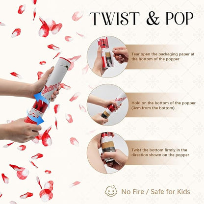 Rose Petal Confetti Cannon 12 Pack, 12" Biodegradable Red Flower Petal Party Poppers for Wedding Aisle, Proposal, Engagement, Anniversary & Bridal Shower Celebrations