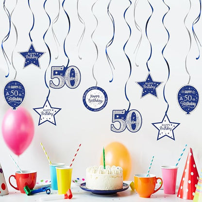 Happy 50th Birthday Blue & Silver Glitter Swirls Streamers Party Decorations - 15 Pcs 50th Birthday Hanging Swirls Streamers Kit,Cheers to Fifty Years Old Bday Party Sign.