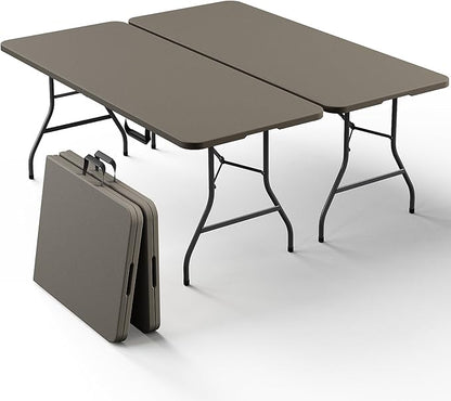 2 Pack 6ft Folding Table, Foldable Picnic Table Portable Table for Indoor Outdoor Use Heavy Duty Plastic Table Camping Table with Carry Handle for Party, BBQ, Khaki