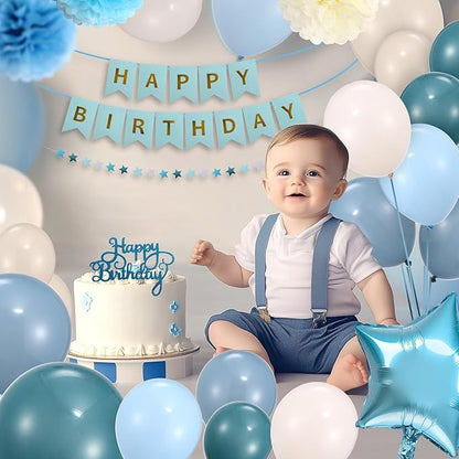 Blue Birthday Decorations for Women, Happy Birthday Party Decorations, Happy Birthday Banner, Baby Blue Balloons, Foil Fringe Curtains, Tissue Paper Pompoms, Star Garland, Party Decor for Girls