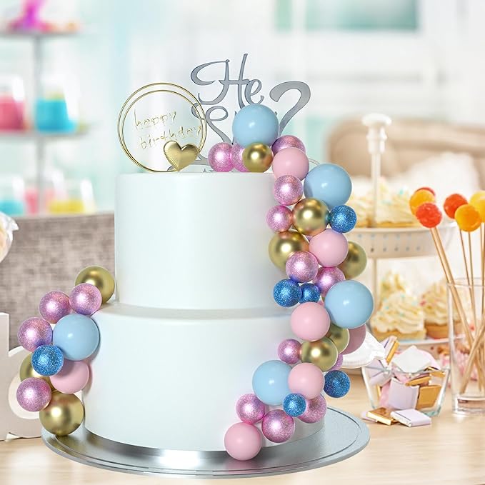 ASTARON 50 Pcs Ball Cake Topper Sticks Mini Balloons for Cake Decorating Supplies Foam Balls Cake decorations for Baby Shower Cake Birthday Cake Toppers Decorations (Pink Blue Series)